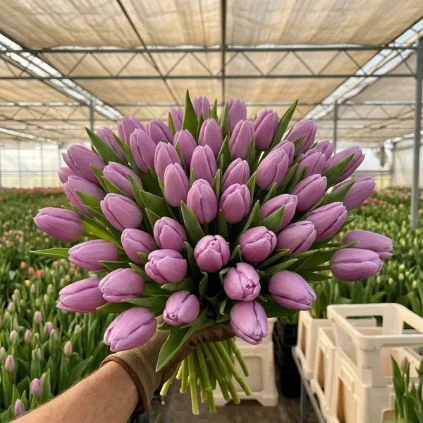 Букет сиреневые Триумф тюльпанов Argos крупным планом, теплица Rosbotanic