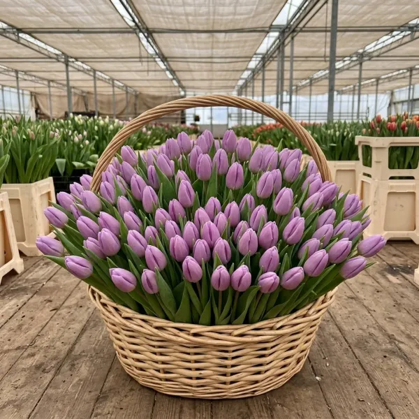 Плетёная корзина с сиреневые Триумф тюльпанами Argos в теплице Rosbotanic