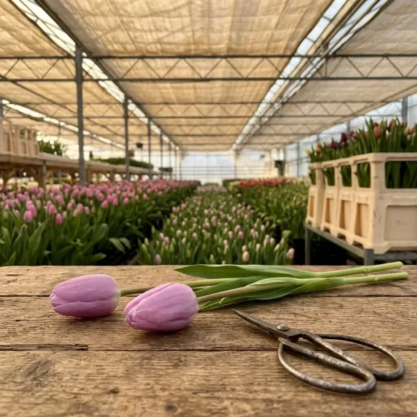 Тюльпаны Argos на рабочем столе с ножницами, свежий срез из теплицы Rosbotanic