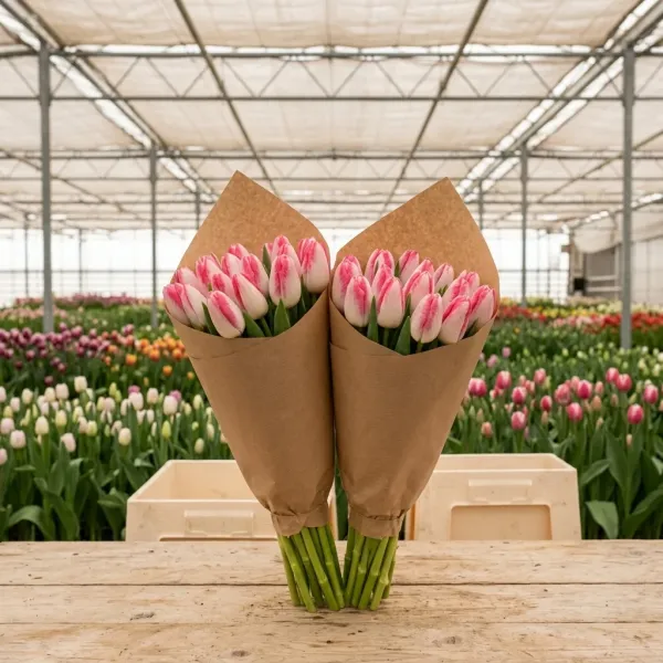 Букеты бело-розовые Триумф тюльпанов Beautytrend в крафт-упаковке, теплица Rosbotanic
