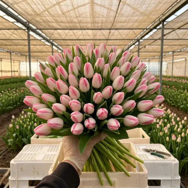Букет бело-розовые Триумф тюльпанов Beautytrend крупным планом, теплица Rosbotanic