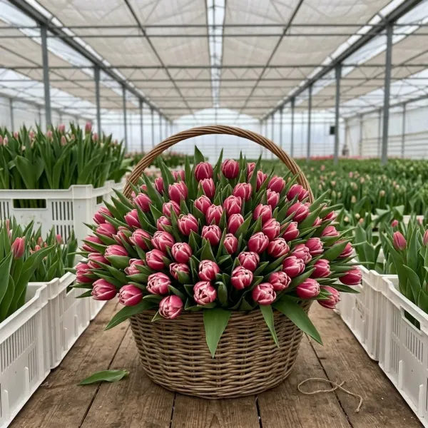 Плетёная корзина с красно-белые махровые тюльпанами Columbus в теплице Rosbotanic