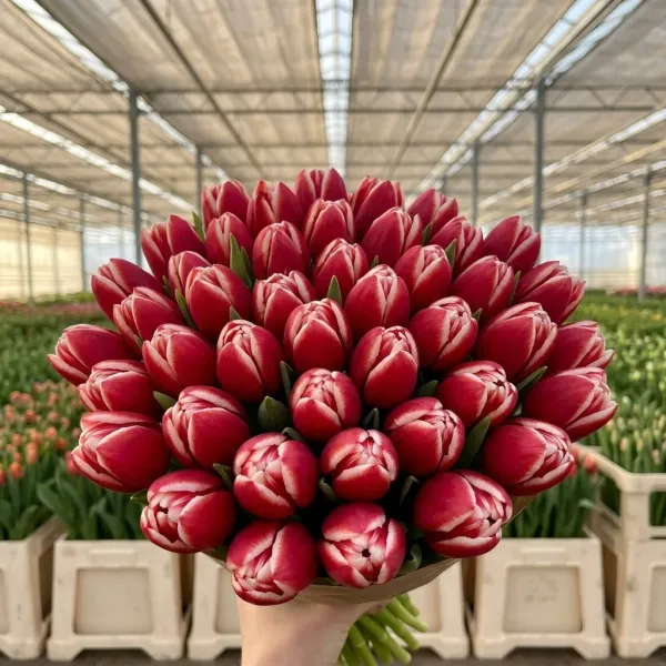 Букет красно-белые махровые ранние тюльпанов Concorde крупным планом, теплица Rosbotanic