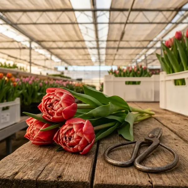 Тюльпаны Concorde на рабочем столе с ножницами, свежий срез из теплицы Rosbotanic