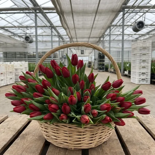 Корзина с вишнёво-красными тюльпанами Curry в теплице Rosbotanic, Тюменская область