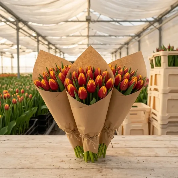 Букеты красно-жёлтые Триумф тюльпанов Denmark в крафт-упаковке, теплица Rosbotanic
