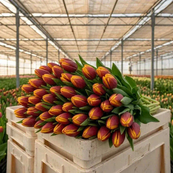 Букет красно-жёлтые Триумф тюльпанов Denmark крупным планом, теплица Rosbotanic