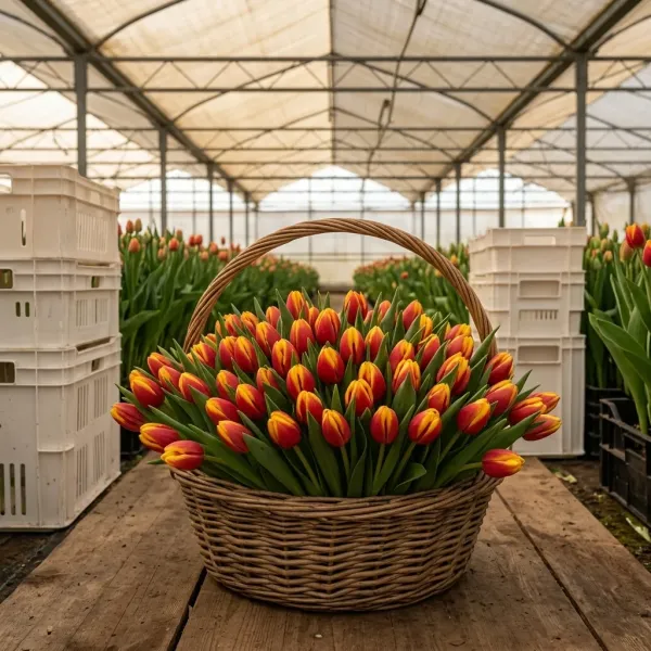 Плетёная корзина с красно-жёлтые Триумф тюльпанами Denmark в теплице Rosbotanic
