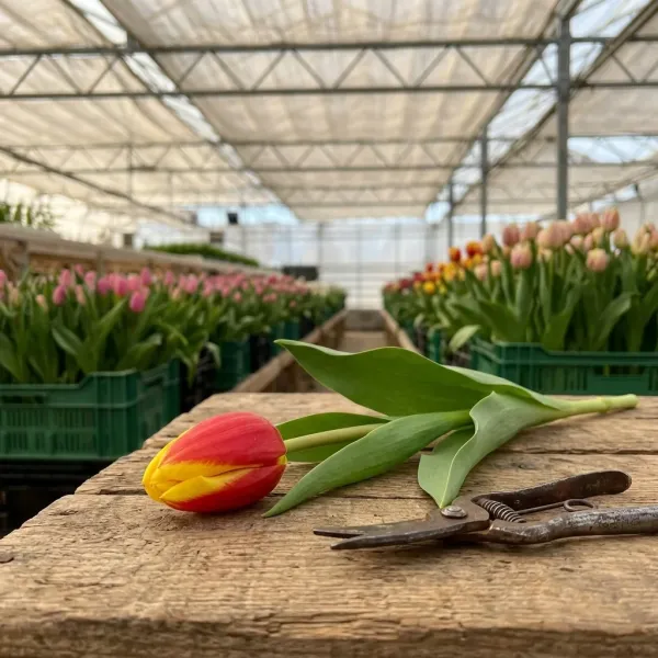 Тюльпаны Denmark на рабочем столе с ножницами, свежий срез из теплицы Rosbotanic