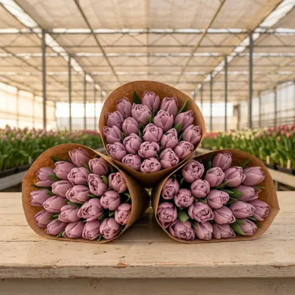 Букеты лилово-розовых махровых тюльпанов Double Price в крафт-упаковке, теплица Rosbotanic
