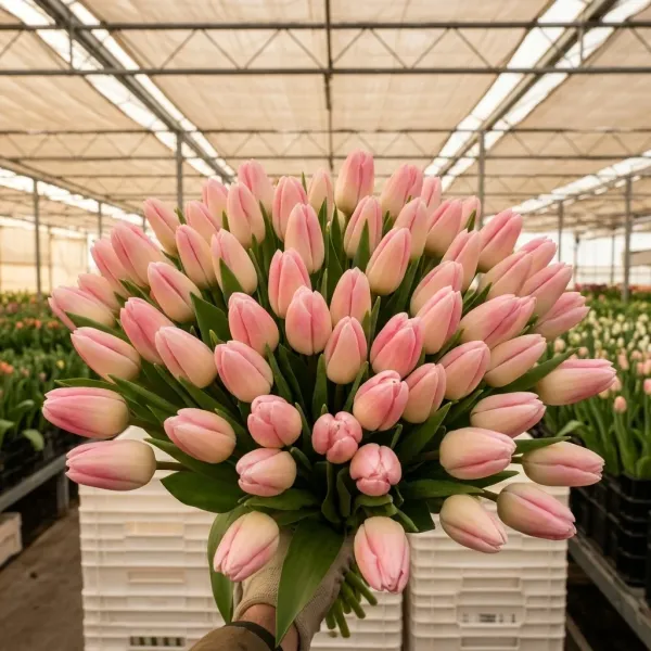 Букет пастельных розово-белых тюльпанов First Class крупным планом, теплица Rosbotanic
