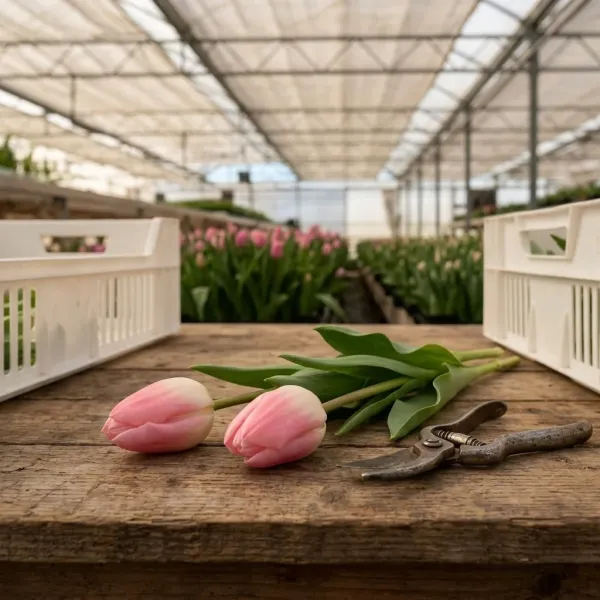 Тюльпаны First Class на рабочем столе с ножницами, свежий срез из теплицы Rosbotanic