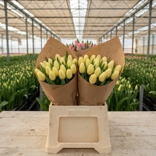Букеты жёлтые махровые тюльпанов Fun For Two в крафт-упаковке, теплица Rosbotanic
