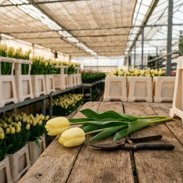 Тюльпаны Fun For Two на рабочем столе с ножницами, свежий срез из теплицы Rosbotanic
