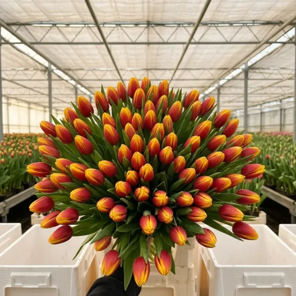 Букет красно-жёлтые Триумф тюльпанов Henni van der Most крупным планом, теплица Rosbotanic