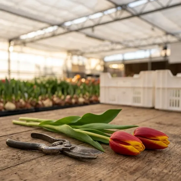 Тюльпаны Henni van der Most на рабочем столе с ножницами, свежий срез из теплицы Rosbotanic