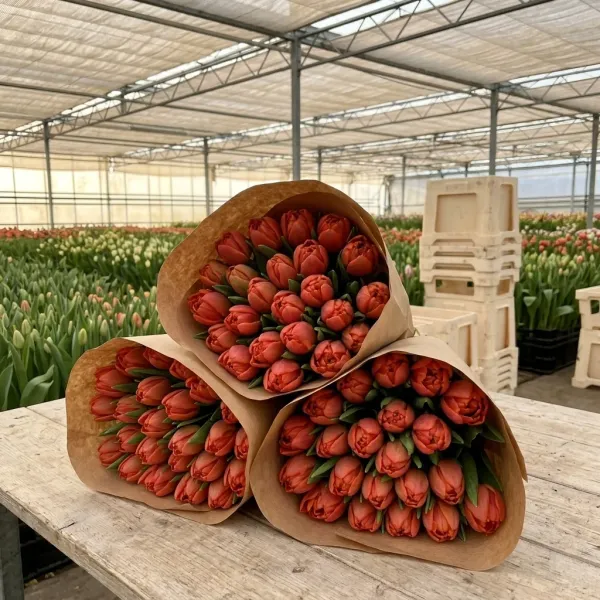 Букеты оранжево-красные Триумф тюльпанов Icoon в крафт-упаковке, теплица Rosbotanic
