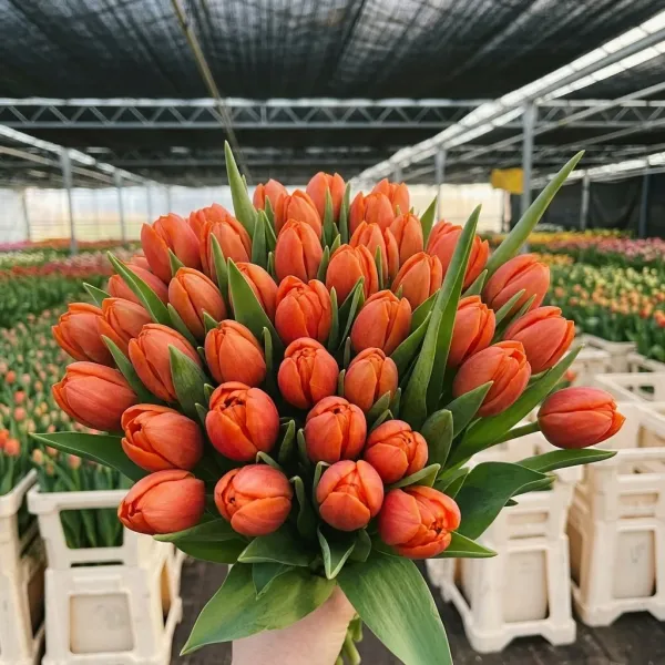 Букет оранжево-красные Триумф тюльпанов Icoon крупным планом, теплица Rosbotanic