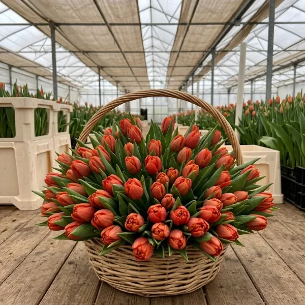 Плетёная корзина с оранжево-красные Триумф тюльпанами Icoon в теплице Rosbotanic