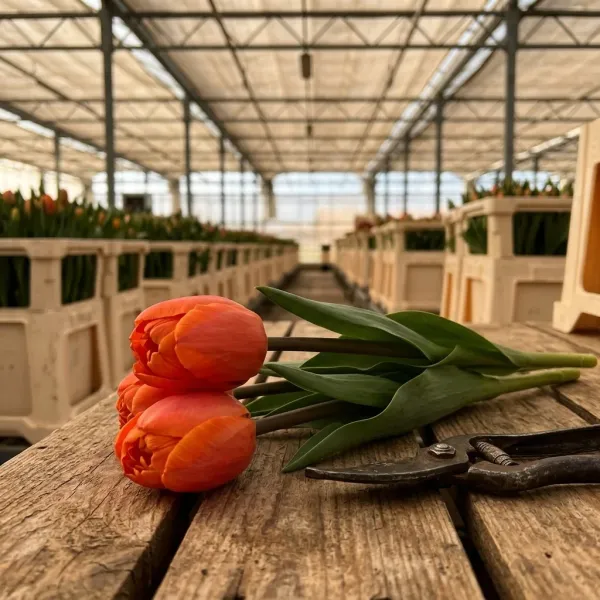 Тюльпаны Icoon на рабочем столе с ножницами, свежий срез из теплицы Rosbotanic