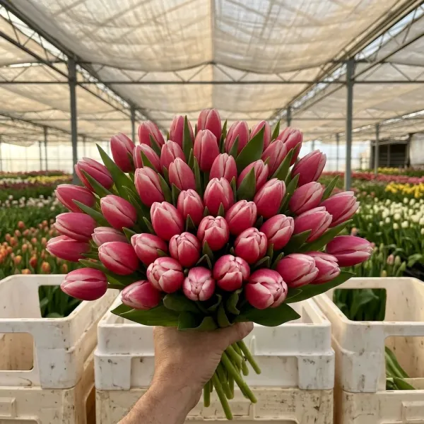 Букет розово-белые Триумф тюльпанов Lech Walesa крупным планом, теплица Rosbotanic
