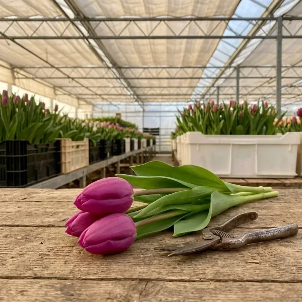 Тюльпаны Lincoln на рабочем столе с ножницами, свежий срез из теплицы Rosbotanic