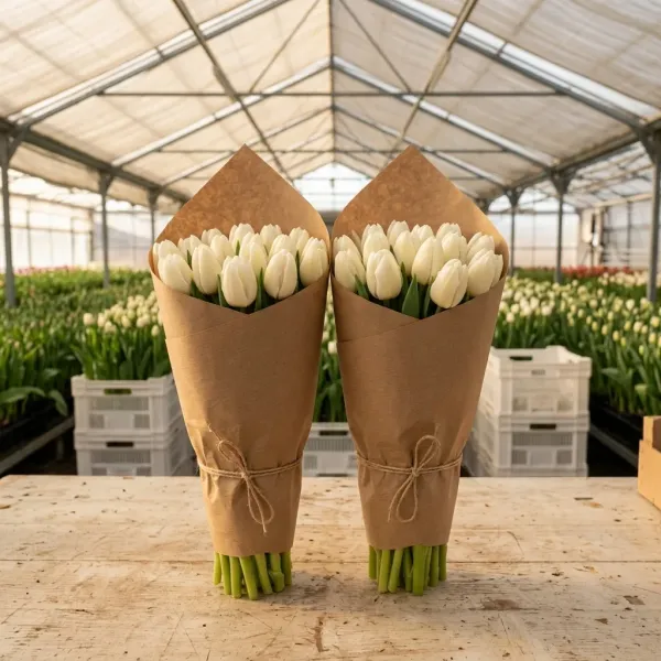 Букеты белые махровые тюльпанов Mondial в крафт-упаковке, теплица Rosbotanic