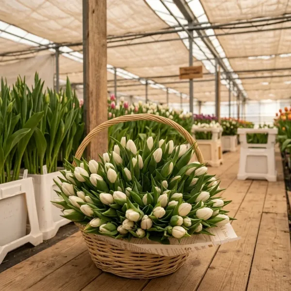 Плетёная корзина с белые махровые тюльпанами Mondial в теплице Rosbotanic