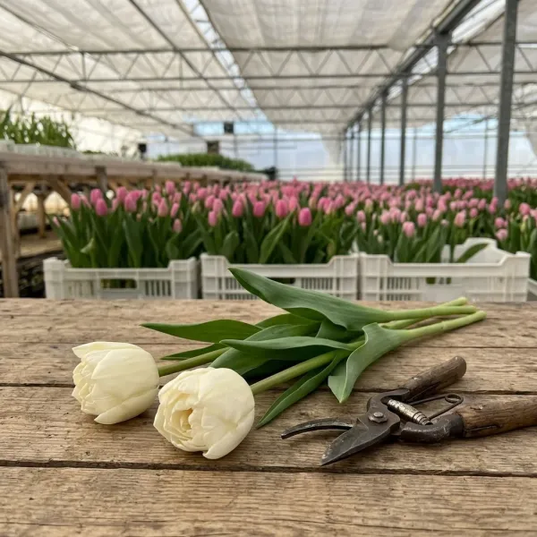 Тюльпаны Mondial на рабочем столе с ножницами, свежий срез из теплицы Rosbotanic