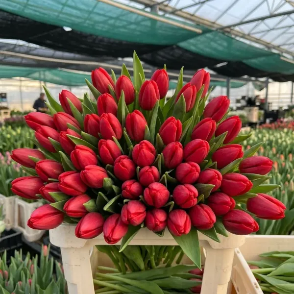Букет красные Триумф тюльпанов Rescue крупным планом, теплица Rosbotanic
