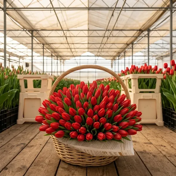 Плетёная корзина с красные Триумф тюльпанами Rescue в теплице Rosbotanic