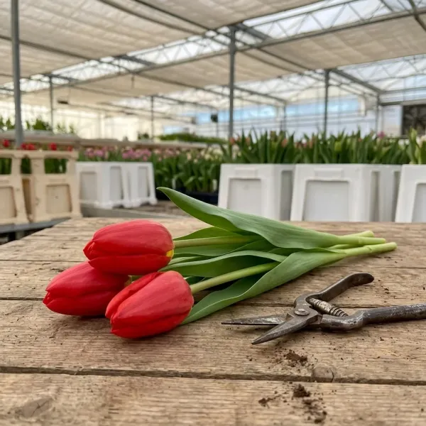 Тюльпаны Rescue на рабочем столе с ножницами, свежий срез из теплицы Rosbotanic
