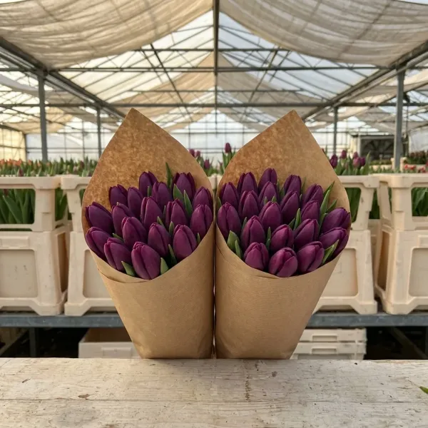 Букеты розовые Триумф тюльпанов Roeska в крафт-упаковке, теплица Rosbotanic