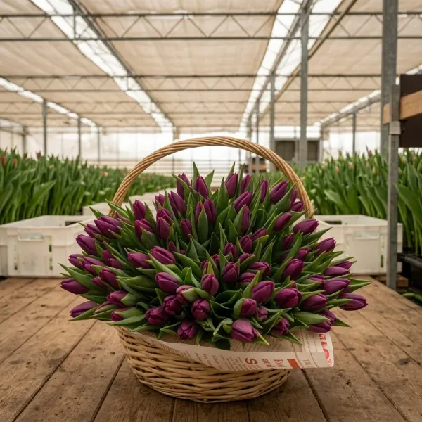 Плетёная корзина с розовые Триумф тюльпанами Roeska в теплице Rosbotanic