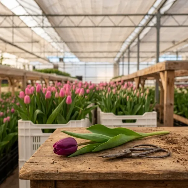 Тюльпаны Roeska на рабочем столе с ножницами, свежий срез из теплицы Rosbotanic