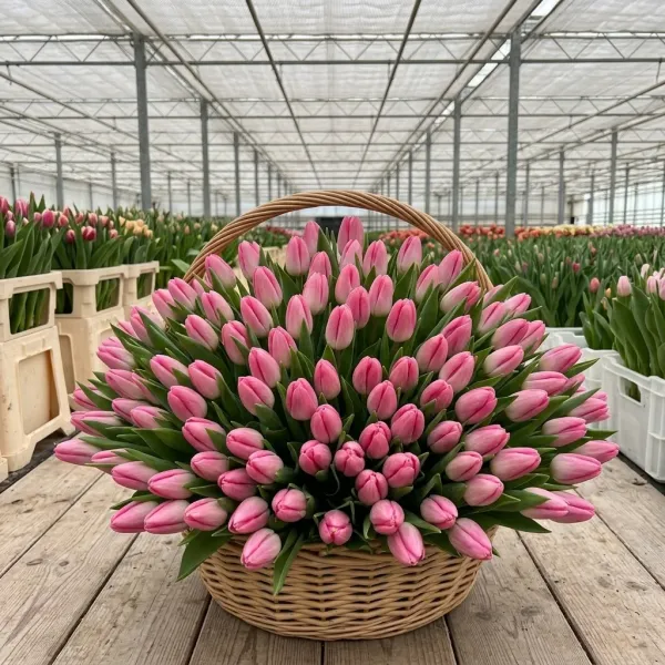 Плетёная корзина с розовые Триумф тюльпанами Sissi в теплице Rosbotanic