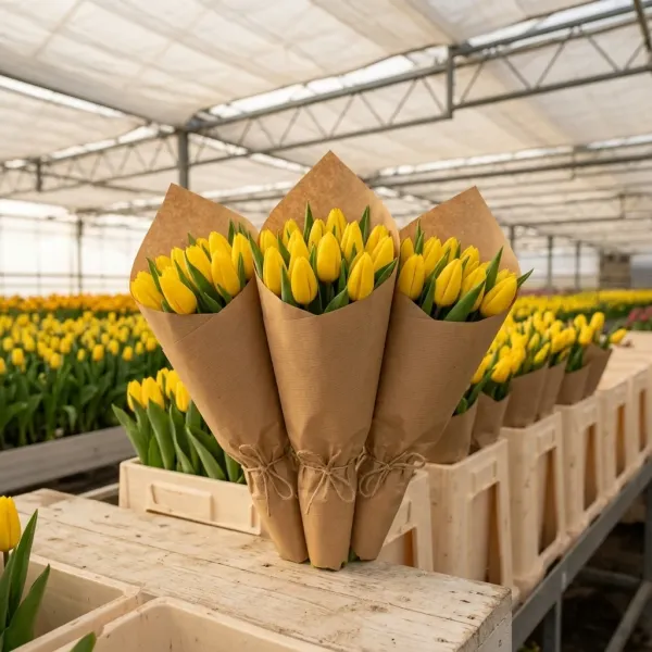 Букеты жёлтые Триумф тюльпанов Strong Gold в крафт-упаковке, теплица Rosbotanic