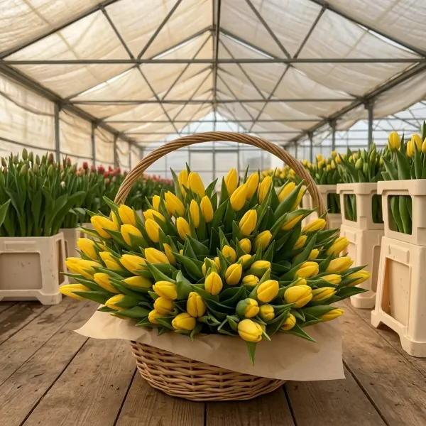 Плетёная корзина с жёлтые Триумф тюльпанами Strong Gold в теплице Rosbotanic