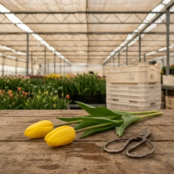 Тюльпаны Strong Gold на рабочем столе с ножницами, свежий срез из теплицы Rosbotanic