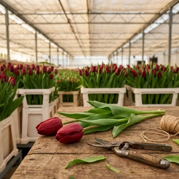 Тюльпаны Strong Love на рабочем столе с ножницами, свежий срез из теплицы Rosbotanic