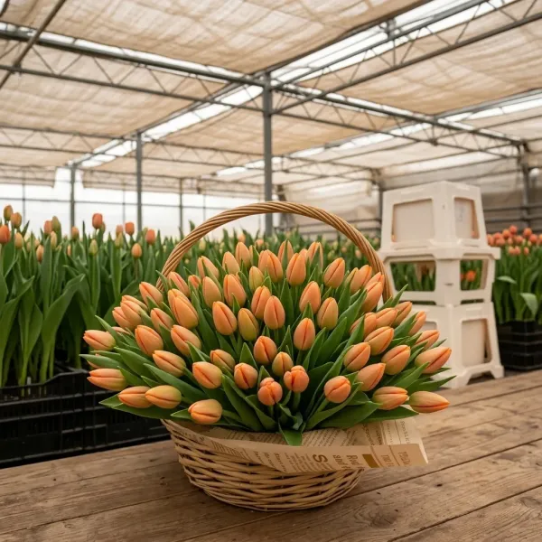Плетёная корзина с розовые Триумф тюльпанами Time Out в теплице Rosbotanic