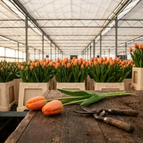 Тюльпаны Time Out на рабочем столе с ножницами, свежий срез из теплицы Rosbotanic