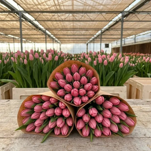 Букеты красные Триумф тюльпанов Tresor в крафт-упаковке, теплица Rosbotanic
