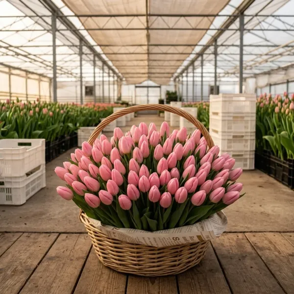 Плетёная корзина с красные Триумф тюльпанами Tresor в теплице Rosbotanic