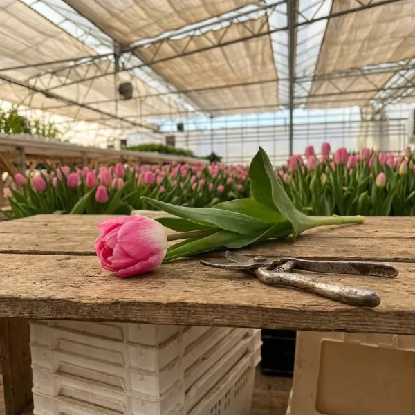 Тюльпаны Voque на рабочем столе с ножницами, свежий срез из теплицы Rosbotanic